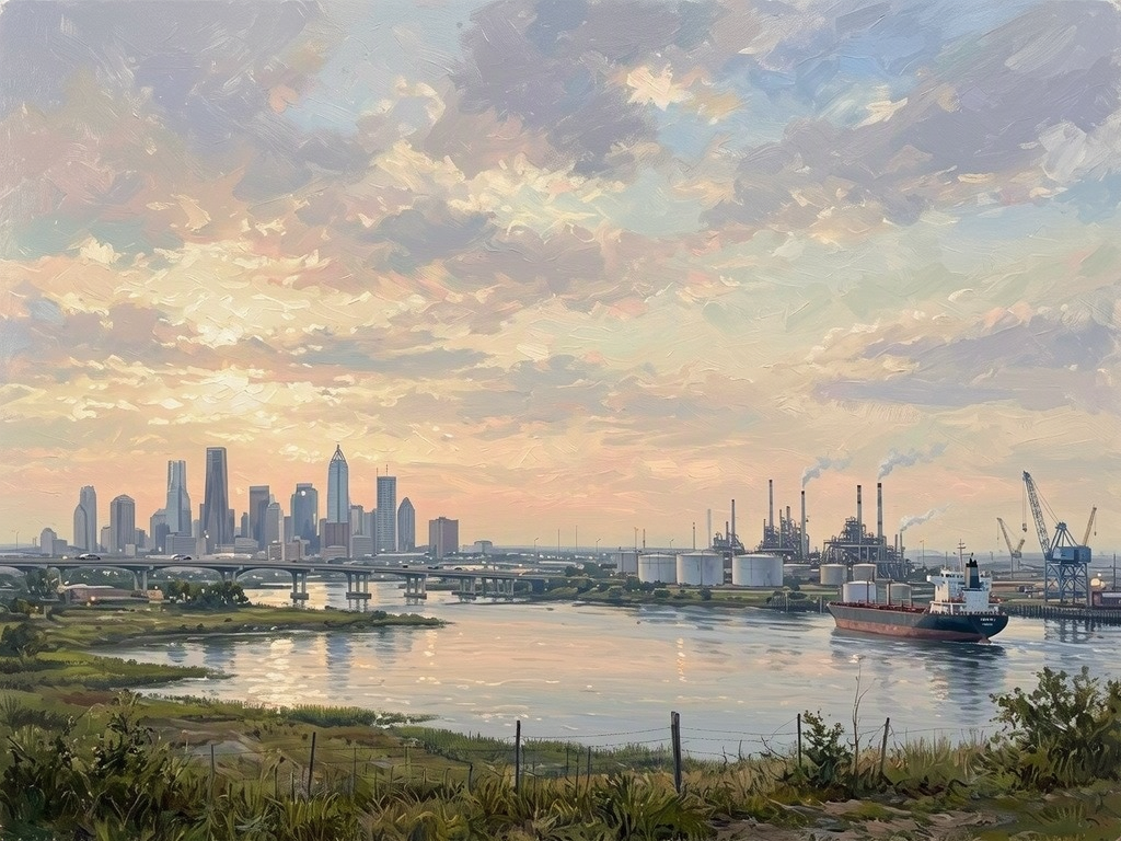 Illustration of the landscape around Houston and Galena Park, not a photo of a listed building