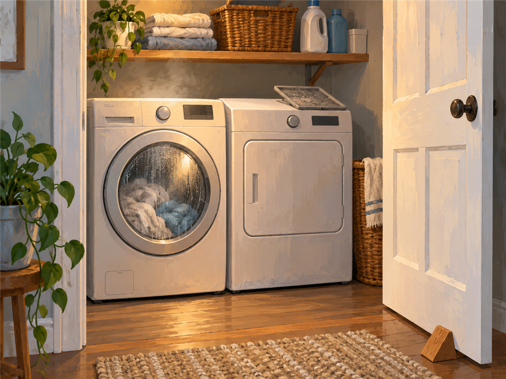 Illustration of a laundry closet door propped open in humid air, not a photo of a listed shop